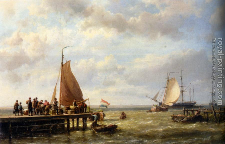 Johannes Hermanus Koekkoek : Provisioning a Tall Ship at Anchor